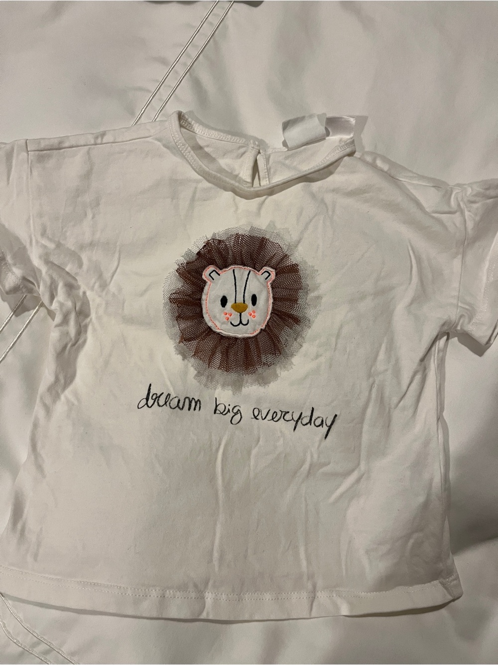 Zara White Tee with Lion Tulle Applique - "Dream Big Everyday"